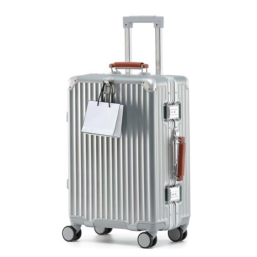 HotWay 26 Inch Checked Luggage with Leather Handle,Silver | Checked Luggage,Zipperless,Hardside,Leather Handle,8 Spinner Wheels,TSA Locks,For Long Trip,Silver - color: Silver (Brown Leather), size: Checked in 26inch