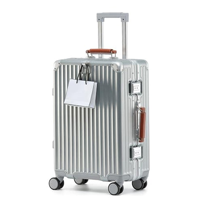 HotWay 24 Inch Checked Luggage with Leather Handle,Silver | Checked Luggage,Zipperless,Hardside,Leather Handle,8 Spinner Wheels,TSA Locks,For Long Trip,Silver - color: Silver (Brown Leather), size: Checked in 24inch