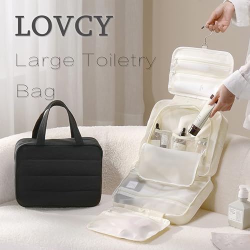 Hanging Toiletry Bag for Women, Large Capacity Travel Makeup Organizer with Hook, Waterproof Cosmetic Bag with Translucent TPU Compartments for Bathroom, Gym, Camping (Black) - color: Black