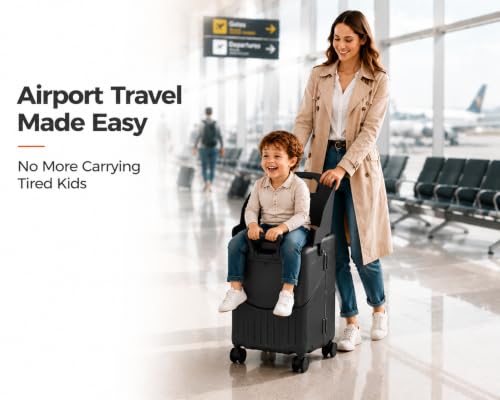 20 Inch Ride On Luggage for Kids, Carry On Suitcase with Foldable Child Seat, Hard Shell Travel Luggage with 360° Spinner Wheels & TSA Lock for Family Airplane Trips - color: Black