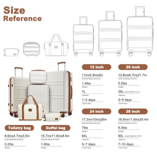 Kono Suitcase Set 3 Piece Luggage Set Expandable with Spinner Wheels - color: Cream White, size: 6-piece set (Db/Tb/12/20/24/28)
