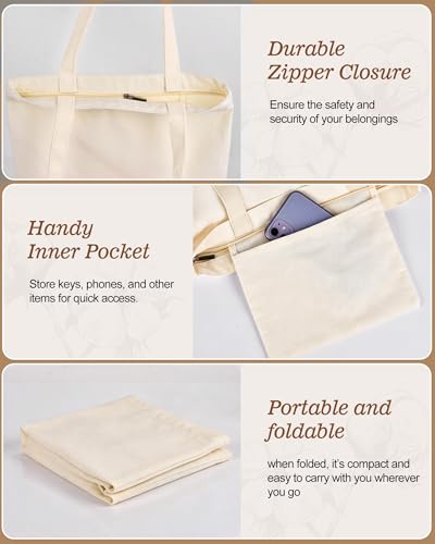 Canvas Tote Bag with Zipper for Women, Halloween Trick or Treat Bags Bulk - color: [A2] Beige
