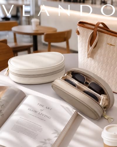VLANDO Double Sunglasses Case,PU Leather Travel Zipper Glasses Pouch - color: Beige