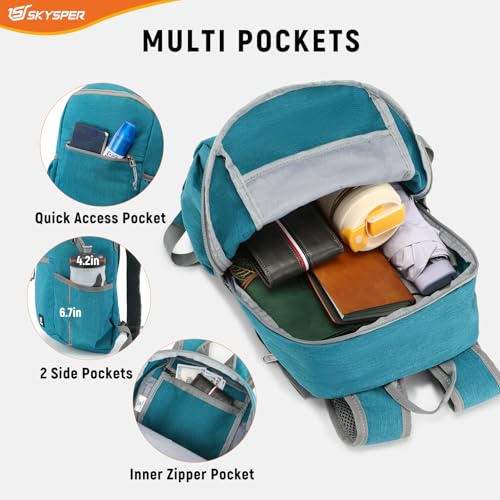 SKYSPER Anti Theft Hiking Backpack, 18L RFID Packable Travel Daypack, Lightweight Foldable Back Pack for Walking Daytrip - color: Cyan, size: Small