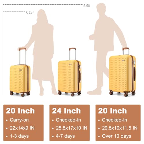 Kono 24 Inch Hard Shell Checked Luggage, 4 Spinner Wheels Suitcase, Yellow - color: Yellow, size: Checked-Medium 24-Inch
