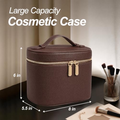 Cosmetic Case, Leather Makeup Bag, Portable Handheld Makeup Case, Detachable Compartments - color: Coffee, size: M(8*5.5*6in)