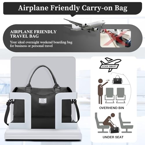 Travel Duffel Bag with Shoes Compartment, Weekender Bags for Women - color: A-Black, size: Medium