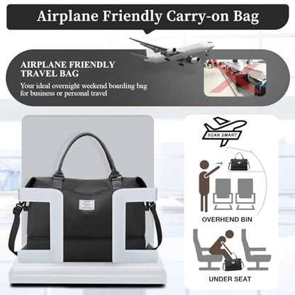Travel Duffel Bag with Shoes Compartment, Weekender Bags for Women - color: A-Black, size: Medium