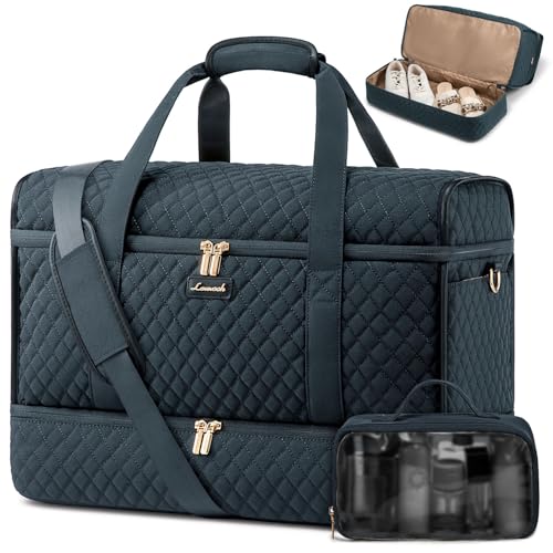 LOVEVOOK Travel Duffle Bag, Carry On Weekender Overnight Bag Hospital Bag with Toiletry & Wet Pocket, 3pc Set - color: Blue-green, size: Large With Shoe Compartment-50L