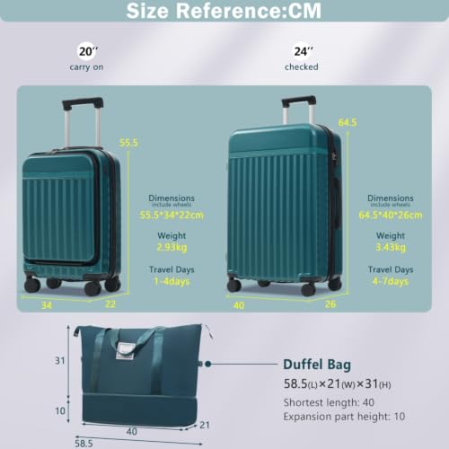 ABS Hardshell Front-Opening 3-Piece Luggage Set – 20″ Carry-On with USB Charging Port & Laptop Compartment, 24″ Expandable Checked Spinner Suitcases + Travel Duffel Bag, TSA Lock (3pcs Dark Green) - color: 3pcs Dark Green