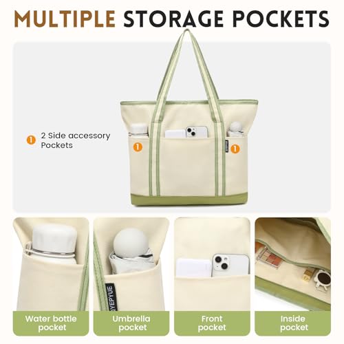 Large Canvas Tote Bag for Women, Beach Bag with Zipper, Utility Tote Bag with 3 Front Pockets, Weekender Pool Bag - color: Beige Yellow With Green