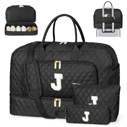 TIBES Birthday Graduation Gift for Her, Initial Weekender Bag for Women 45L - color: Black Diamond Quilted, style: J