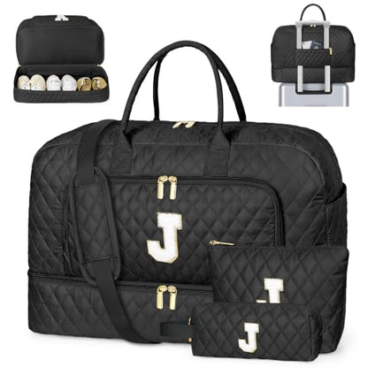 TIBES Birthday Graduation Gift for Her, Initial Weekender Bag for Women 45L - color: Black Diamond Quilted, style: J