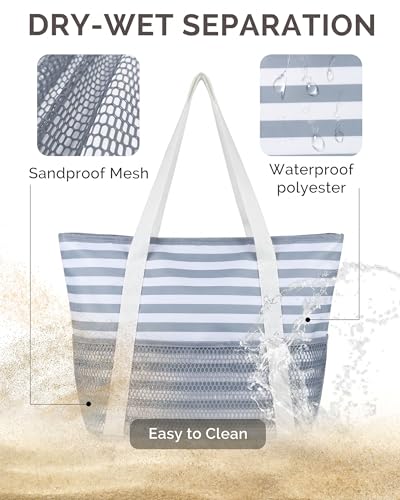 HOMESPON Beach Bag Large Waterproof Sandproof Tote for Women with Zipper and Mesh Pockets - color: Gray Stripes, size: Medium