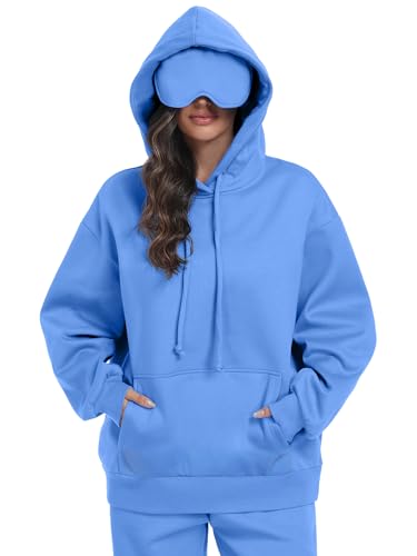 SeSe Code Travel Hoodie with Eye Mask Sleep Unisex Oversized Sweatshirt for Airplane, Road Trip Naps Fleece Couples Hoodies - color: Blue, size: Medium