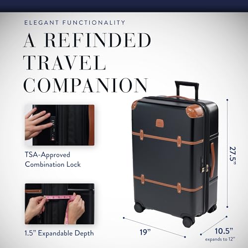Bric's Bellagio 3.0 Spinner Trunk- Luxury Hardshell Check In Luggage with Large Wheels, Telescopic Handle, Leather Detailing - Expandable Rolling Suitcase - 27", Black - color: Black, size: Checked-medium
