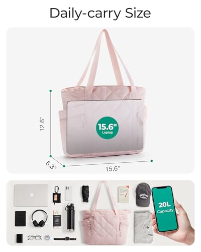 BAGSMART Crush Tote Bag for Women, 20L Puffer Work Tote with Zipper - color: A-pink