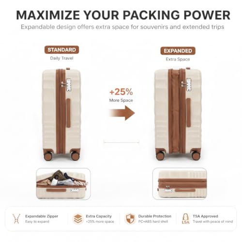 Rosamo 3-Piece Hard Shell Expandable Luggage Set, Airline Approved Carry-On - color: Beige