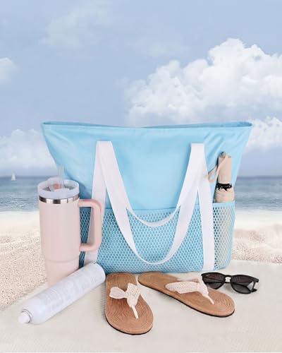 HOMESPON Beach Bag Large Waterproof Sandproof Tote for Women with Zipper and Mesh Pockets - color: Blue, size: Medium