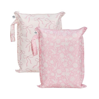 Tiny Twinkle Mess Proof Wet Bags | 2-Pack Reusable Waterproof Wet Bags for Swimsuits | Baby Clothes | Travel & Diaper Bag (Bows,Toile) - color: Bows,Toile, size: 2 Pack