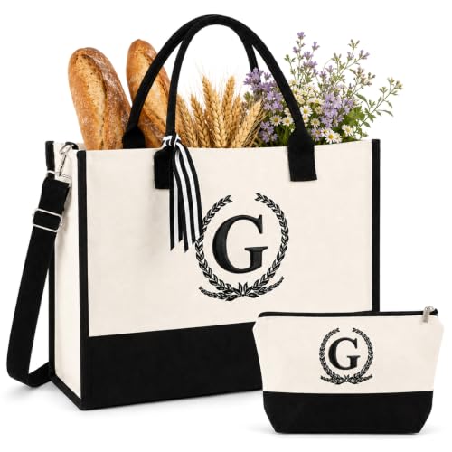Embroidered Floral Monogram Canvas Tote with Zipper Pockets Gift for Her - color: G