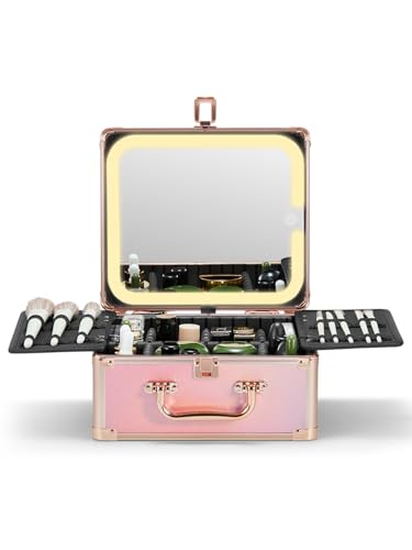 Qislee Makeup Box with Detachable Magnetic LED Mirror, Travel Train Case - color: Sparkling Gradient Pink, size: Small