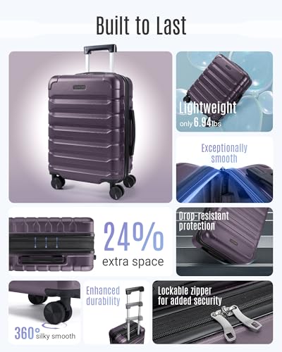 LIGHT FLIGHT Carry On Luggage 22x14x9 Suitcases with Wheels,Lilac Purple - color: Lilac Purple