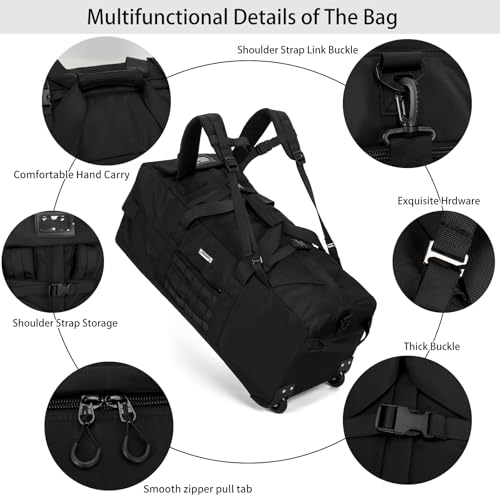 80L Travel Rolling Duffel Bag with wheels, Military Tactical Wheeled Foldable for Deployment Travel Camping Sports - color: Matte Black