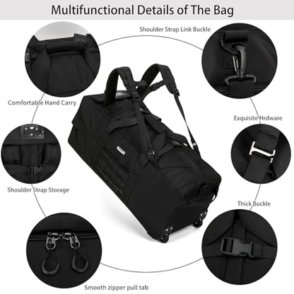 80L Travel Rolling Duffel Bag with wheels, Military Tactical Wheeled Foldable for Deployment Travel Camping Sports - color: Matte Black