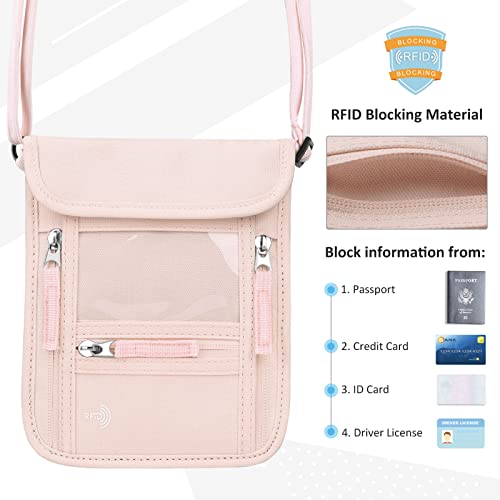 WALNEW Passport Holder Neck Pouch Travel Wallet for Women and Men, RFID Blocking Security Slim Traveling Wallet with Around Neck Lanyard Strap, Pink | Around Neck Lanyard Strap, Travel Safety Anti Theft Bag, Neck Wallet for Traveling Women - color: Pink