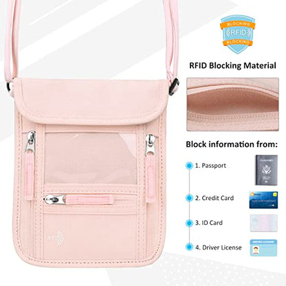WALNEW Passport Holder Neck Pouch Travel Wallet for Women and Men, RFID Blocking Security Slim Traveling Wallet with Around Neck Lanyard Strap, Pink | Around Neck Lanyard Strap, Travel Safety Anti Theft Bag, Neck Wallet for Traveling Women - color: Pink