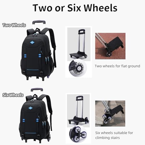 Rolling Backpack for Boys Elementary School Bag with Wheels Travel Trolley Bag 2 wheels and 6 wheels - color: Black/Green 6 Wheels, size: 6 wheels
