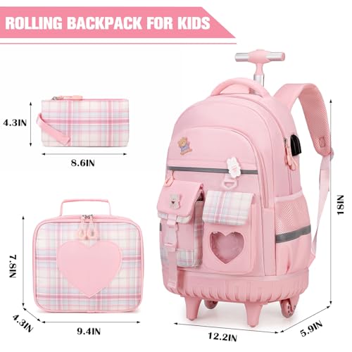 ACESAK 3PCS Rolling Backpack for Girls Children, Girls Backpack with Wheels - color: Pink