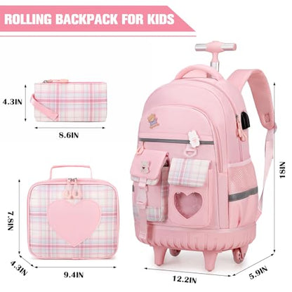 ACESAK 3PCS Rolling Backpack for Girls Children, Girls Backpack with Wheels - color: Pink