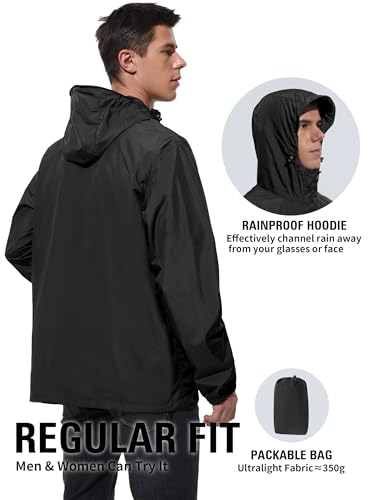 UIQUR Mens Lightweight Packable Waterproof Rain Jacket Windbreaker - color: Black, size: Medium