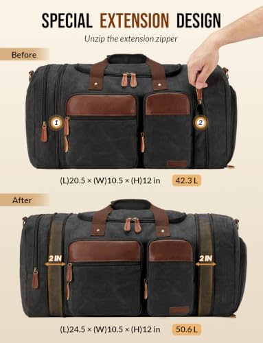 Waxed Canvas Duffle Bag for Travel 50L Expandable, Dark Grey - color: Waxed Dark Grey, size: Large 50 L