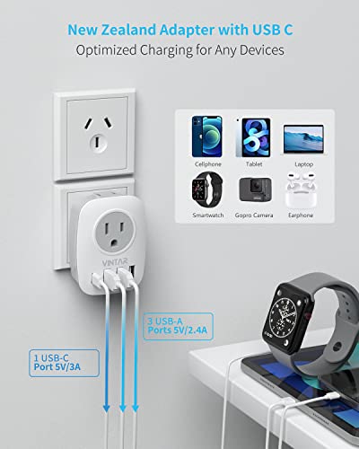 VINTAR Australia New Zealand Plug Adapter, 2 Pack Type I Plug Adapter | 6 in 1 with 2 Outlets 4 USB Ports(1 USB C), Fast Charge, Travel Converter for US to Australia, Argentina, China - style: Type I-Australia China