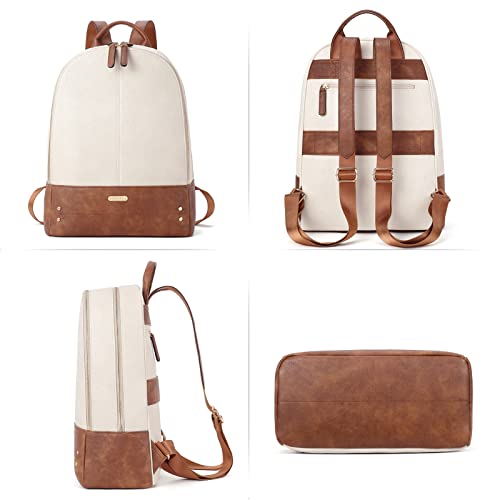 CLUCI Leather Backpack for Women 15.6 inch Laptop Bag Business Work Daypack - color: White With Brown