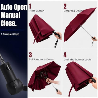 Collapsible Windproof Umbrella Travel - 42inch Auto Open & Manual Close - color: 05.Wine Red