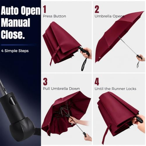 Collapsible Windproof Umbrella Travel - 42inch Auto Open & Manual Close - color: 05.Wine Red