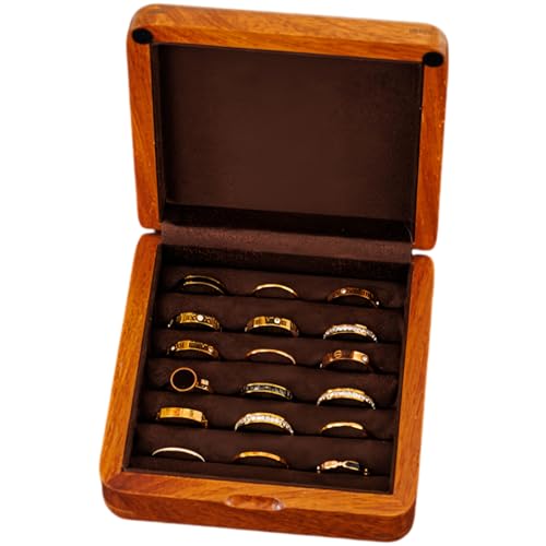Solid Teak Wood Ring Box, Earring Holder Organizer - color: Brown Velvet, size: Small (5"L*5"W*2"H)