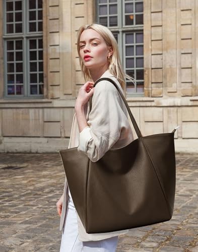KALIDI Large Tote Bag Vegan Leather 16L Casual Zipper Work Weekender - color: Coffee Brown