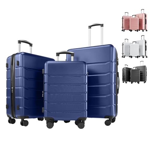 3 Pieces Luggage Set with Spinner Wheels, Blue - color: Blue, size: 3-PCS Set (20/24/28 Inch)