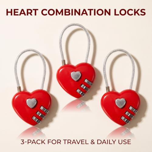 3Pcs Red Mini Love Heart Lock, Heart Padlock, Mini Code Lock,Padlocks and Hasps,Bags/Suitcase/Lockers/Backpacks/Jewelry Boxes Wire Rope 3-Digit Code Combination Padlock for Travel