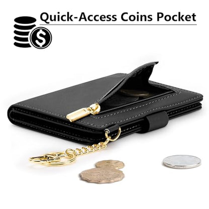 Airkit Small Wallet Women RFID, PU Leather Card Holder with Keychain - color: Black