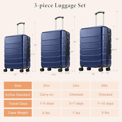 3 Pieces Luggage Set with Spinner Wheels, Blue - color: Blue, size: 3-PCS Set (20/24/28 Inch)