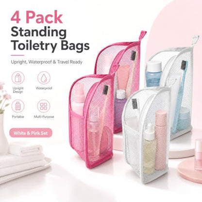 4 Pack Standing Makeup Bags, Waterproof Foldable Travel Toiletry Bags