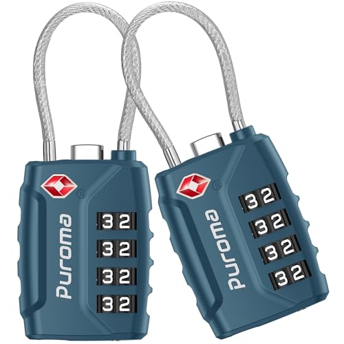 Puroma 2 TSA Approved Luggage Locks 4 Digit Code Cable Lock Blue Peacock | Resettable, Flexible Cable, Zipper holes, Zinc Alloy, Bright Color, Large White Numbers, Suitcase Train Travel, laptop bag - color: Basic Blue Peacock
