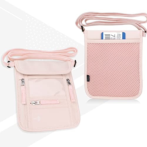 WALNEW Passport Holder Neck Pouch Travel Wallet for Women and Men, RFID Blocking Security Slim Traveling Wallet with Around Neck Lanyard Strap, Pink | Around Neck Lanyard Strap, Travel Safety Anti Theft Bag, Neck Wallet for Traveling Women - color: Pink