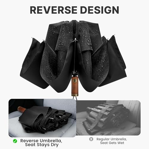 G4Free 54 Inch Inverted Windproof Umbrella with Wooden Handle Rain Umbrella - color: Black